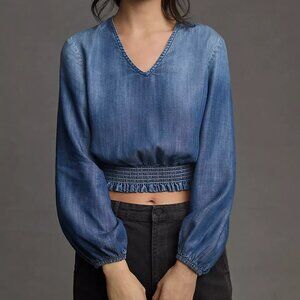 Blue V-Neck Smocked Waist Women's Top